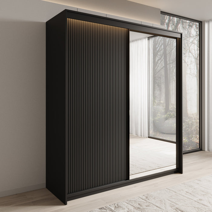 Meubella - Kledingkast Timoteo - Zwart - 200 cm - Met spiegel