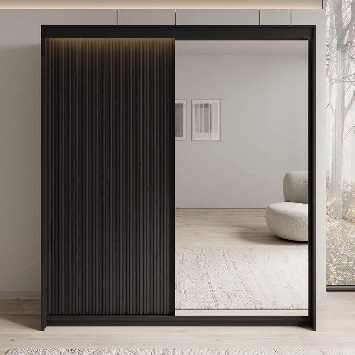 Meubella - Kledingkast Timoteo - Zwart - 200 cm - Met spiegel