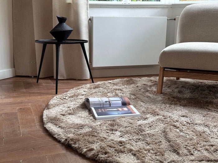 Rond hoogpolig vloerkleed Odelia bruin|taupe - Interieur05