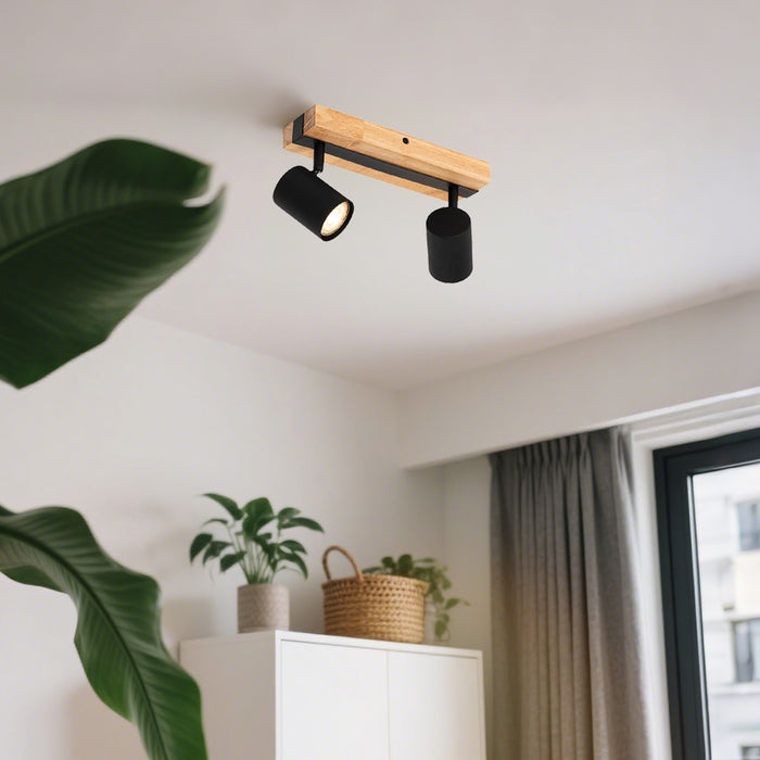 QAZQA Plafondlamp zwart met hout 2-lichts verstelbaar rechthoekig -