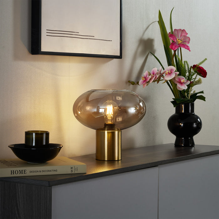 QAZQA Design tafellamp messing met amber glas - Umbrella