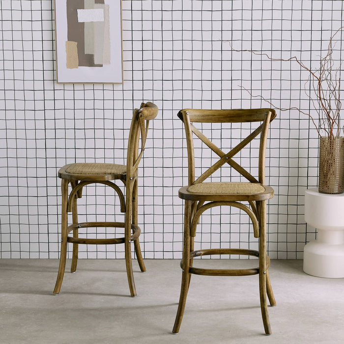 sweeek - Vintage rubberhouten bistro barkrukken met voetensteun (set