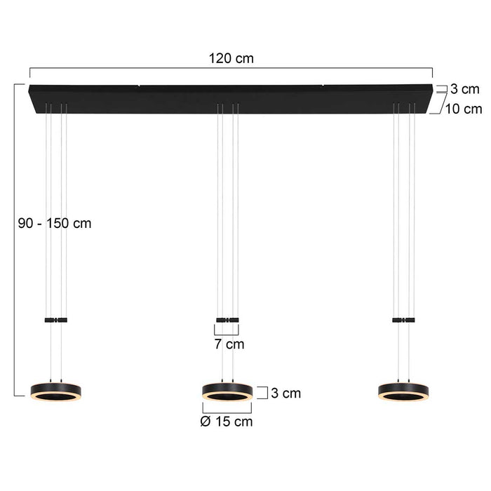 Steinhauer Hanglamp Piola 3 lichts L 120 cm zwart