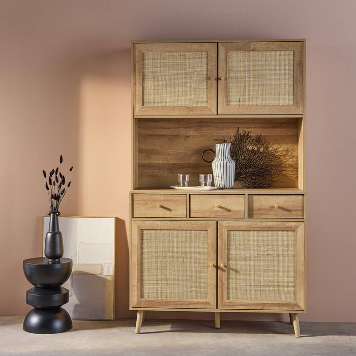 sweeek - Dressoir decor hout en rotan 4 deuren 3 lades 110 cm