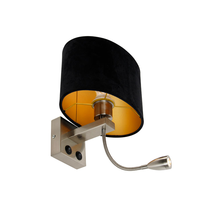 QAZQA Wandlamp staal met ovale velours kap zwart 25cm - Brescia Combi