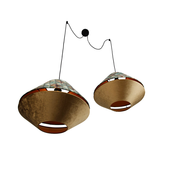 QAZQA Hanglamp zwart met dubbele velours lampenkap blad dessin en