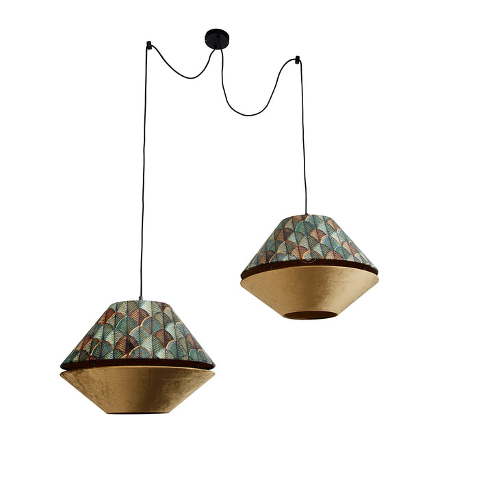 QAZQA Hanglamp zwart met dubbele velours lampenkap blad dessin en