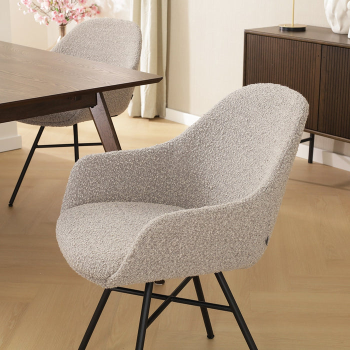 Nolon Noa-Mae Eetkamerstoel Bouclé Taupe - Armleuning - Zwarte Poten