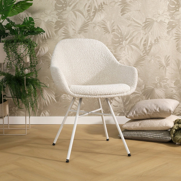 Nolon Noa-Mae Eetkamerstoel Bouclé Beige - Armleuning - Witte Poten