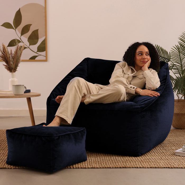 icon Natalia Zitzak Fauteuil met Poef - Velours - Marineblauw
