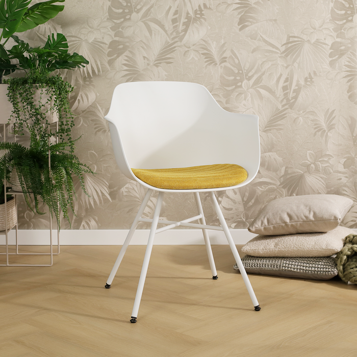 Nolon Noa-Liz Eetkamerstoel Wit - Okergeel Kussen - Witte Poten