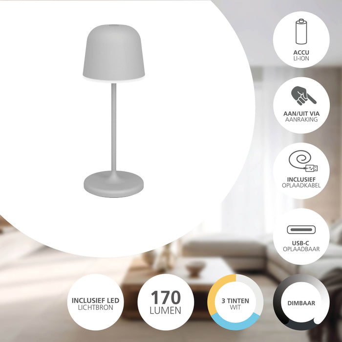EGLO Mannera-S Tafellamp|Priklamp - USB-C - H 20 cm - Grijs