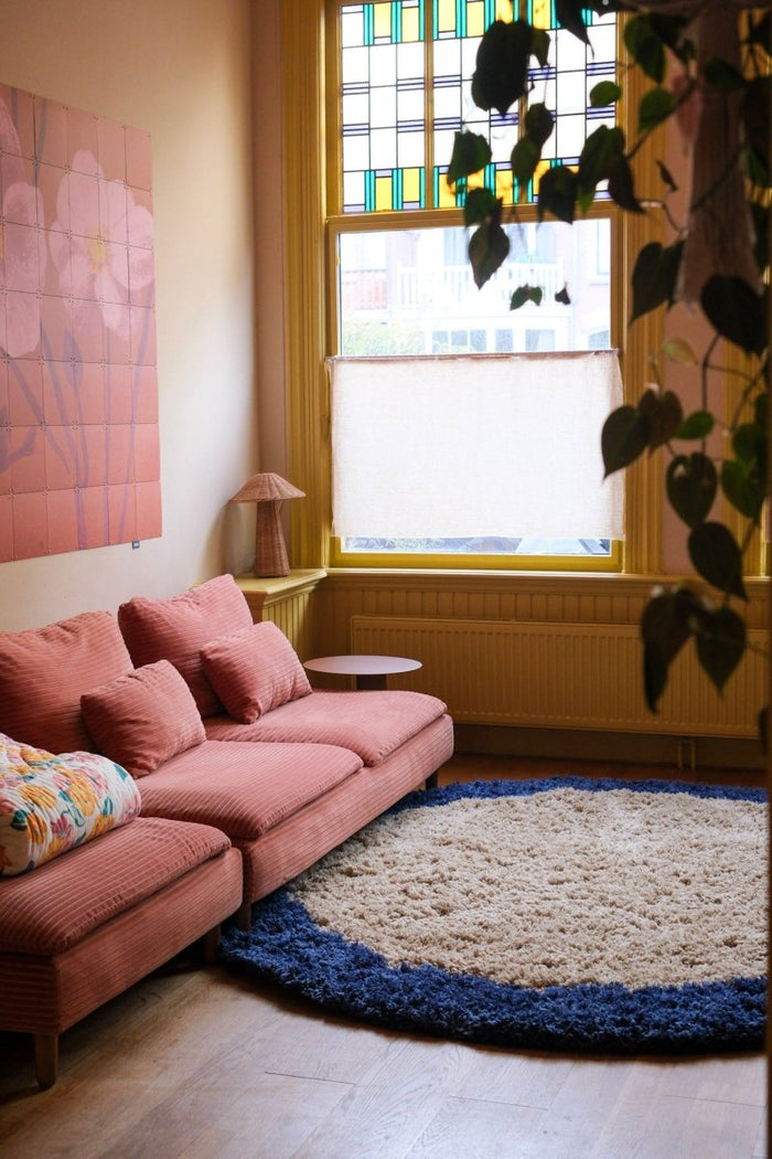 Rond hoogpolig vloerkleed Pilo beige|blauw polyester Interieur05