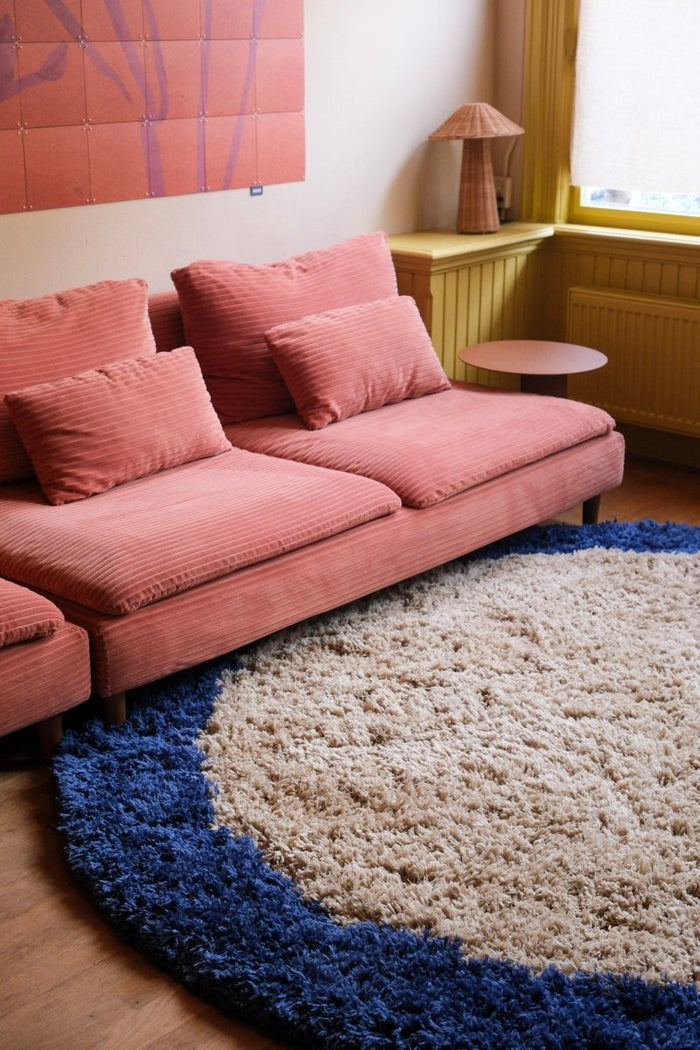 Rond hoogpolig vloerkleed Pilo beige|blauw polyester Interieur05