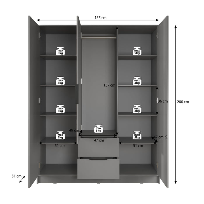 Meubella - Kledingkast Nairobi - Antraciet - Eiken - 155 cm