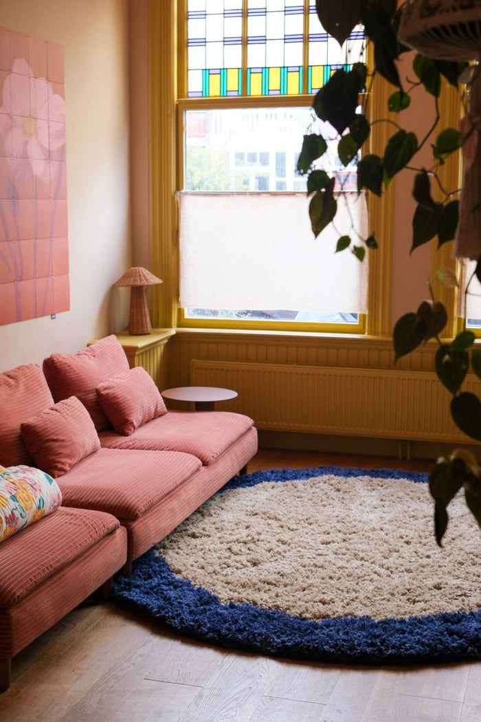 Rond hoogpolig vloerkleed Pilo beige|blauw polyester Interieur05