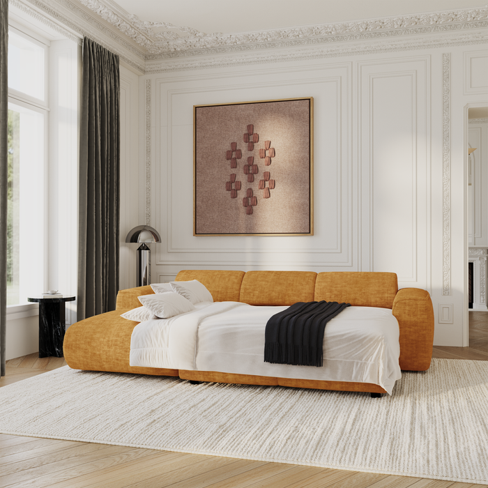 Slaapbank, linkerhoek, 5-zits, mosterdkleurig fluweel