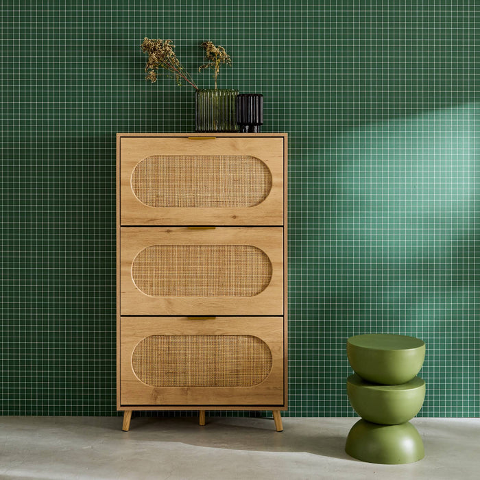 sweeek - Schoenenkast hout en vlechtwerk decor 3 laden