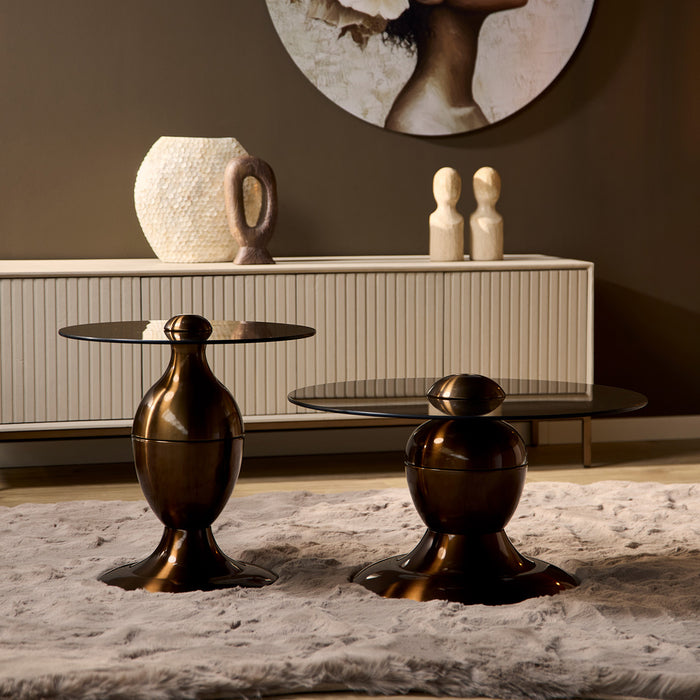 StarFurn - Salontafel Rond Bruin Glas - Set van 2 - 70x70x39cm - June