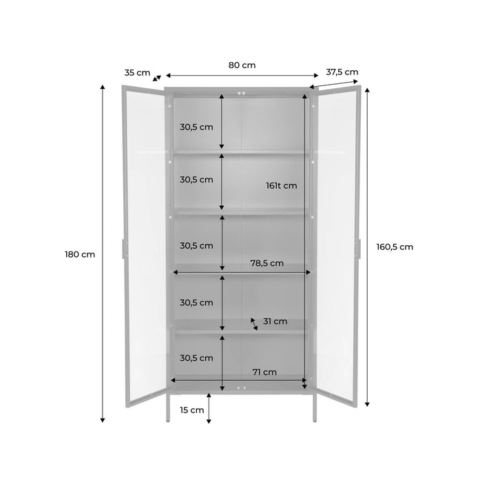 sweeek - Vitrinekast gehard glas en staal 2 deuren 180cm