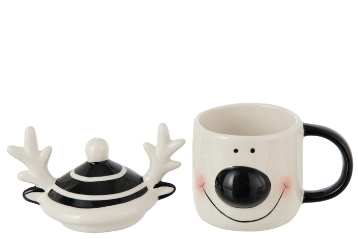 J-Line mok + deksel Rendier Dolomiet - keramiek - wit|zwart