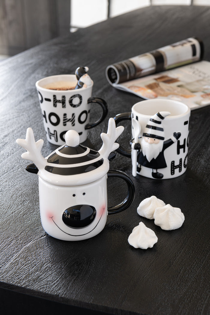 J-Line mok + deksel Rendier Dolomiet - keramiek - wit|zwart