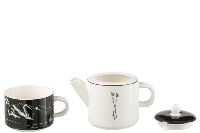 J-Line theepot + tas - keramiek - zwart|wit - giftbox