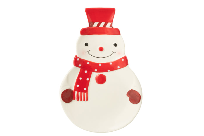 J-Line schaal Sneeuwpop Dolomiet - keramiek - kerstrood|wit