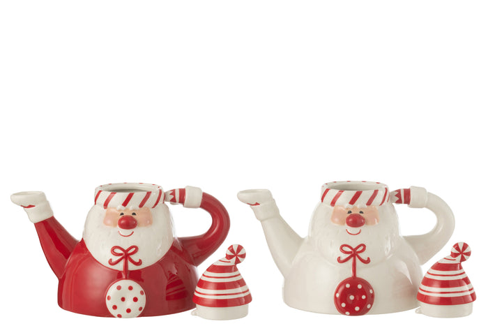 J-Line theepot Kerstman Dolomite - keramiek - wit|rood - 2 stuks