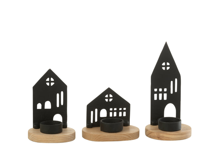 J-Line kaarshouder Huis - aluminium|hout - zwart - 3 stuks