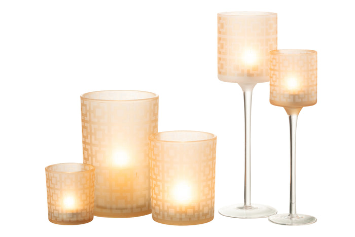 J-line - Theelichthouder On Voet Glas Beige Large - 9x9x30cm