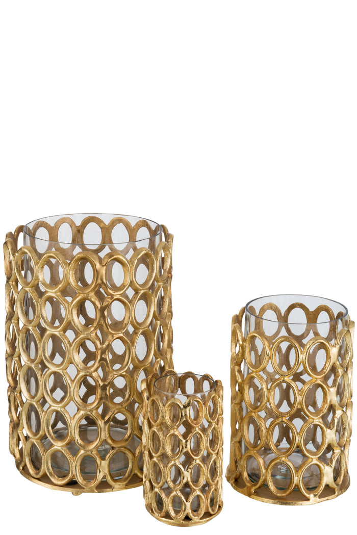 J-line - Theelichthouder Rond Ringen Aluminium Goud Large - 20x20x29cm