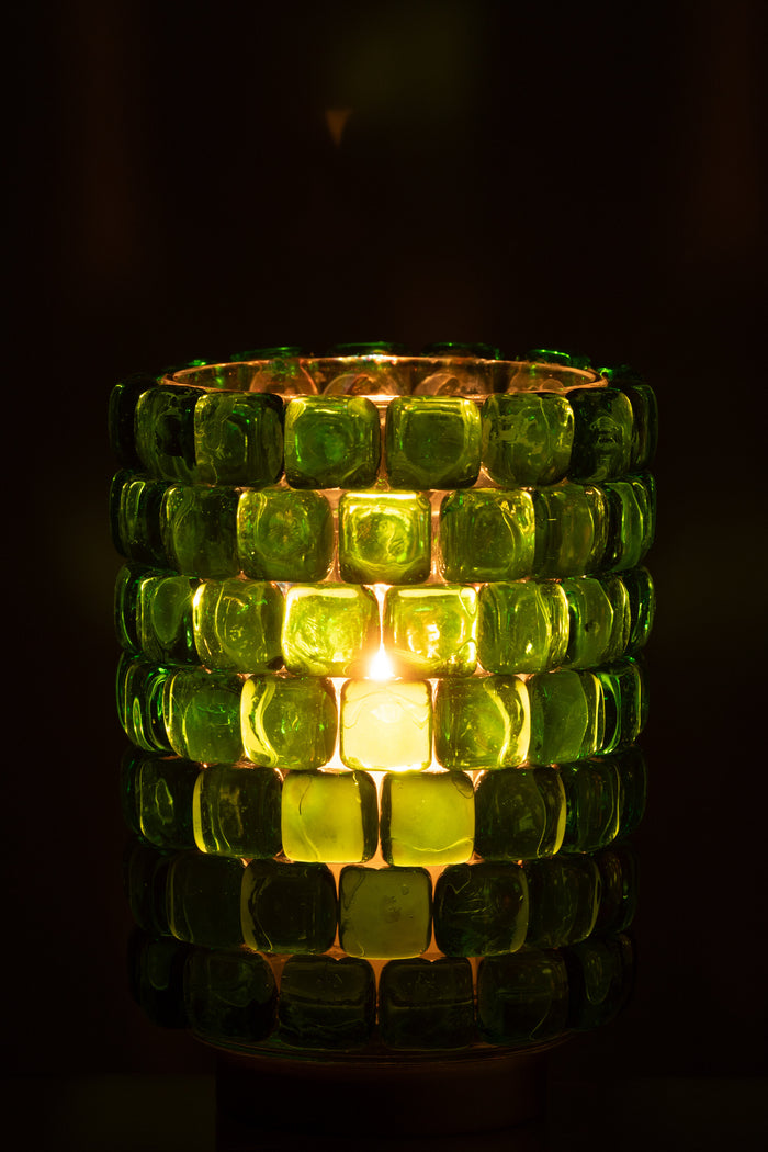 J-line - Theelicht Vierkant Mozaiek Glas Groen Large - 14.5x14.5x20cm