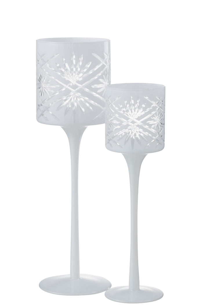 J-line - Theelichthouder Op Voet Santorini Glas Wit Large - 9x9x30cm