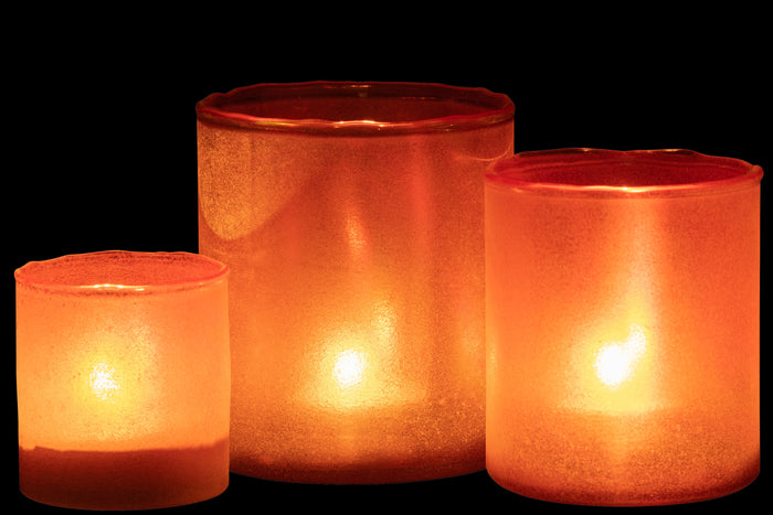J-line - Set Van Drie Theelichthouder Ruby Glas Oranje - 13x13x15cm