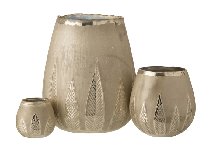 J-line - Theelichthouder Blad Rond Glas Zilver Large - 25x25x31cm