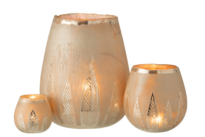 J-line - Theelichthouder Blad Rond Glas Zilver Large - 25x25x31cm