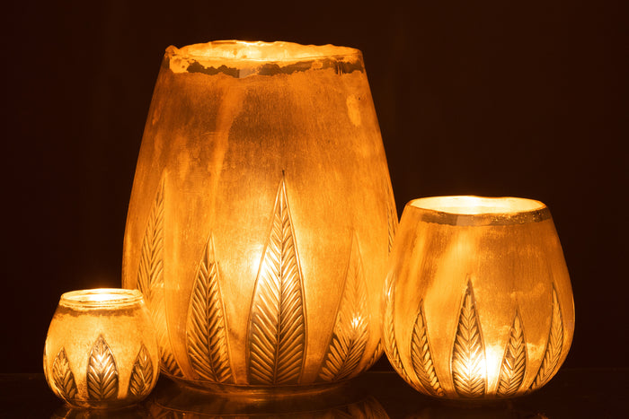 J-line - Theelichthouder Blad Rond Glas Zilver Large - 25x25x31cm