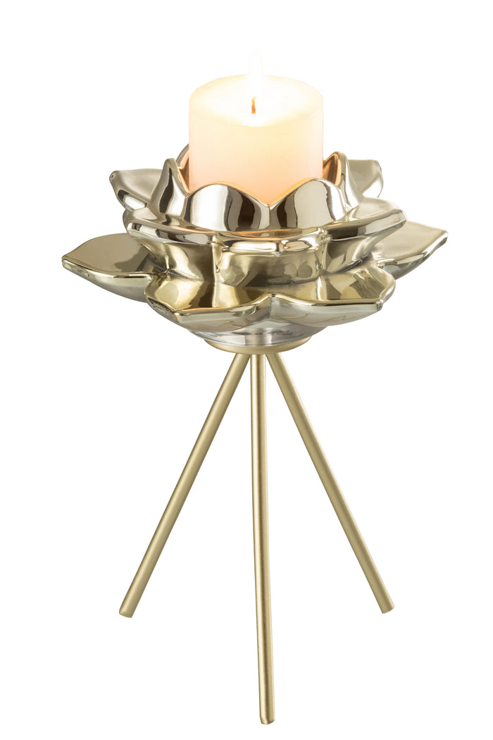 J-line - Theelichthouder Voet Bloem Glas Goud Large - 14.5x14.5x21cm