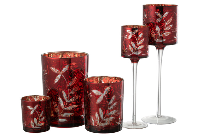J-line - Theelichthouder Blaadjes Glas Rood| Goud Large - 9x9x30cm