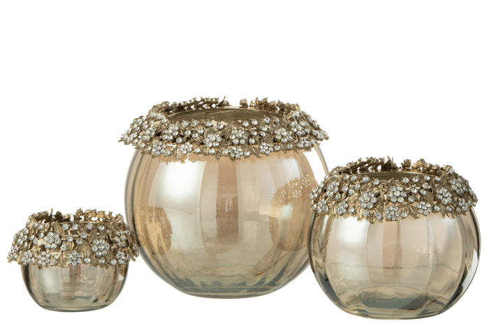 J-line - Theelichthouder Volve Metaal Goud|brons Large - 14x10x14cm