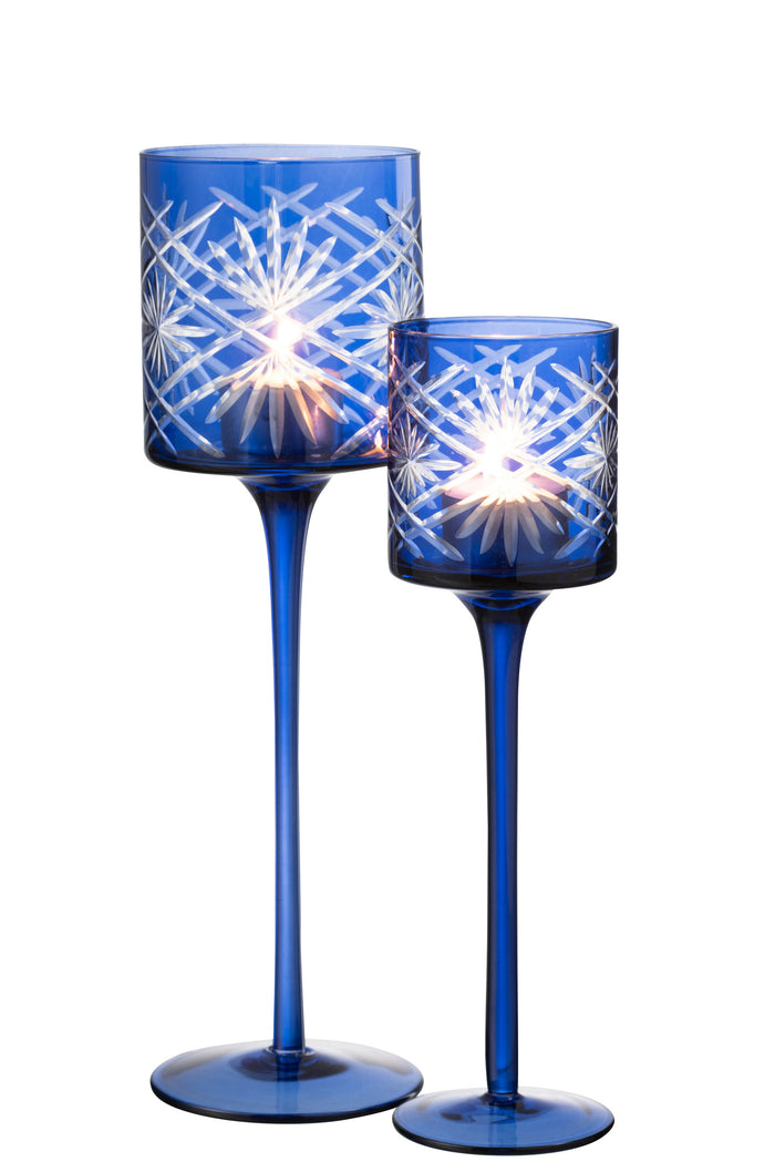 J-line - Theelichthouder Op Voet Santorini Glas Blauw Large - 9x9x30cm
