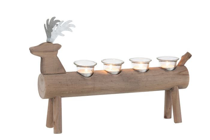 J-line - T-lichthouder Hert 4 Houders Hout Bruin - 47x11x29.5cm