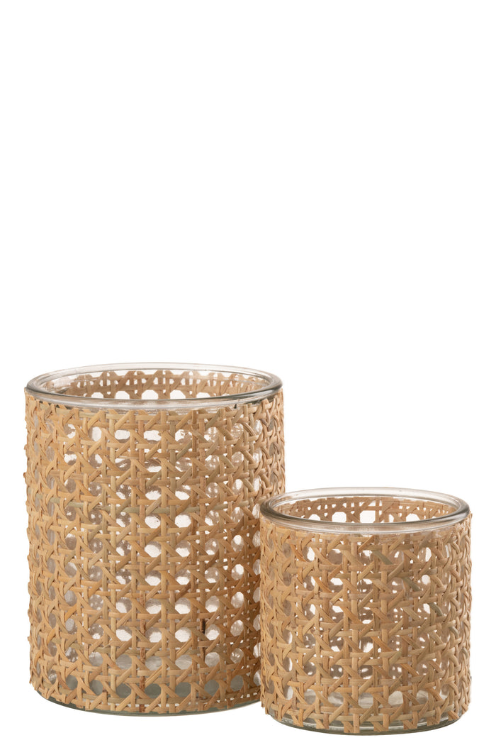 J-line - Theelichthouder Rotan Glas Transparent Large - 12.5x12.5x15cm