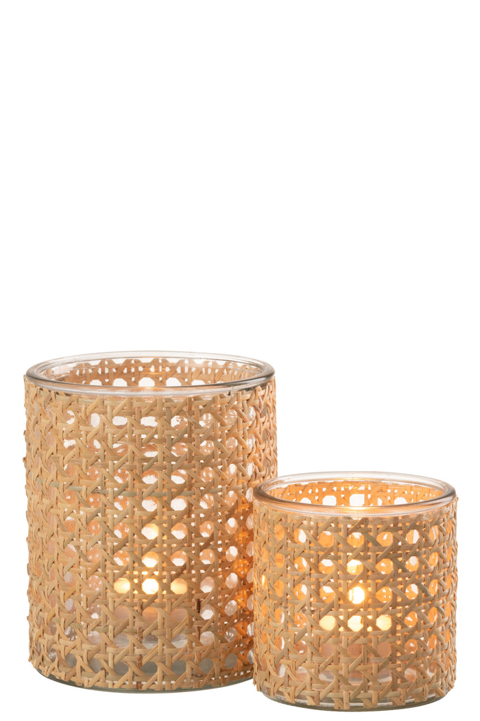 J-line - Theelichthouder Rotan Glas Transparent Large - 12.5x12.5x15cm