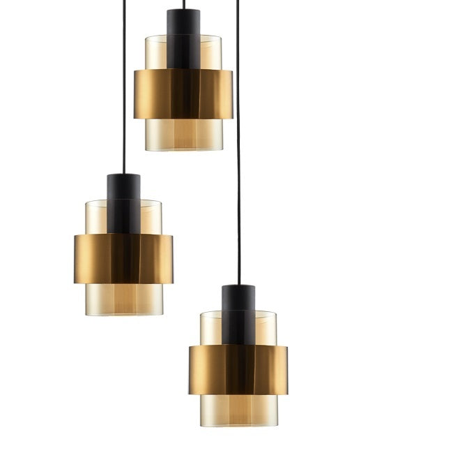 Freelight Hanglamp Chiasso Zwart Goud & Amber Glas 3 Lichts Rond Ø