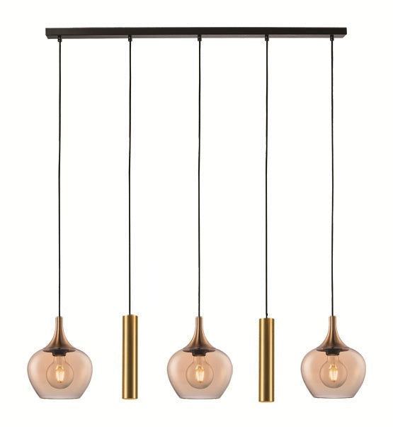 Freelight Hanglamp Fresu Glas Ø 19 cm & Koker Ø 5.5 cm 5 Lichts Balk