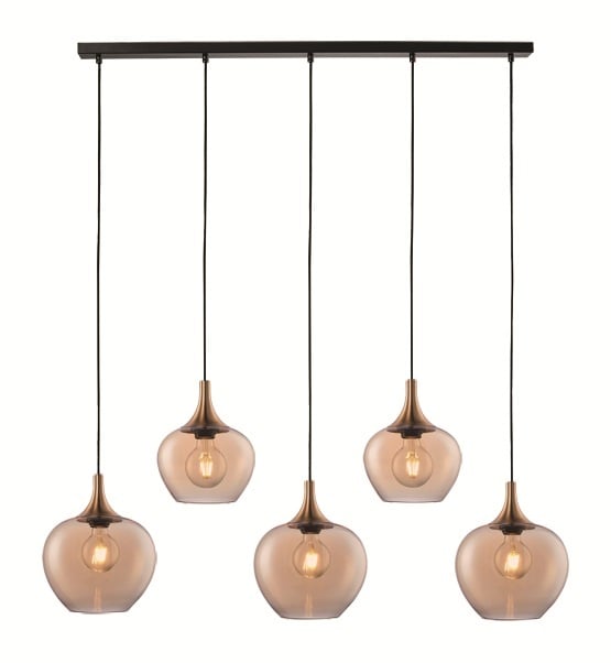 Freelight Hanglamp Fresu Amber Glas Ø 19 & 24cm 5 Lichts Balk