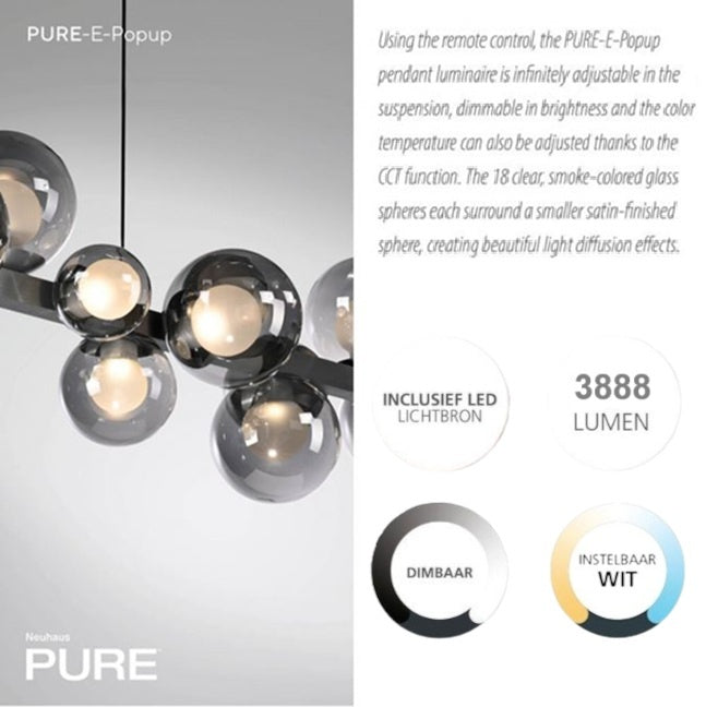 Neuhaus PURE® Hanglamp Pure E-Popup Grey L 120cm incl. Remote