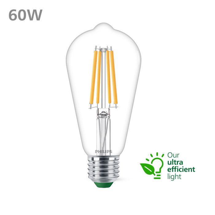 Philips Ultra Efficient LED lamp Edison Transparant - 60 W - E27 - Warmwit licht